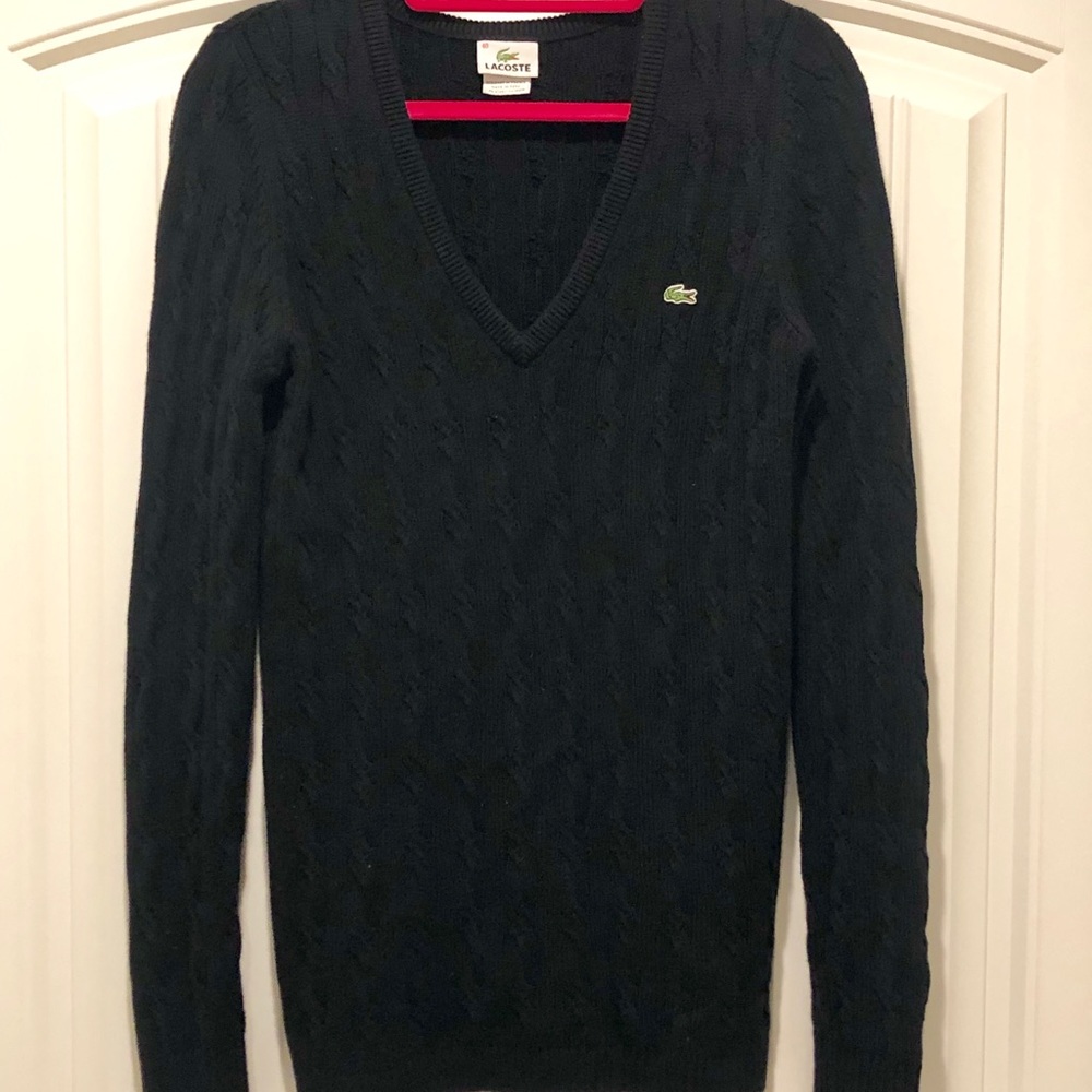Lacoste Long Sleeve Cable Knit V-Neck Sweater